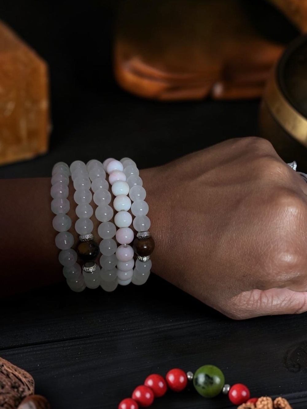 Pink and Cream Beaded Stretch Bracelet Set - Women Jewelry